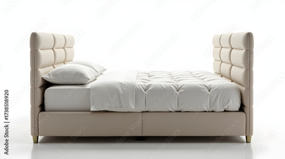 Obraz premium A modern, upholstered king-size bed with tufted headboards, showcasing a minimalist design and soft, neutral colors.