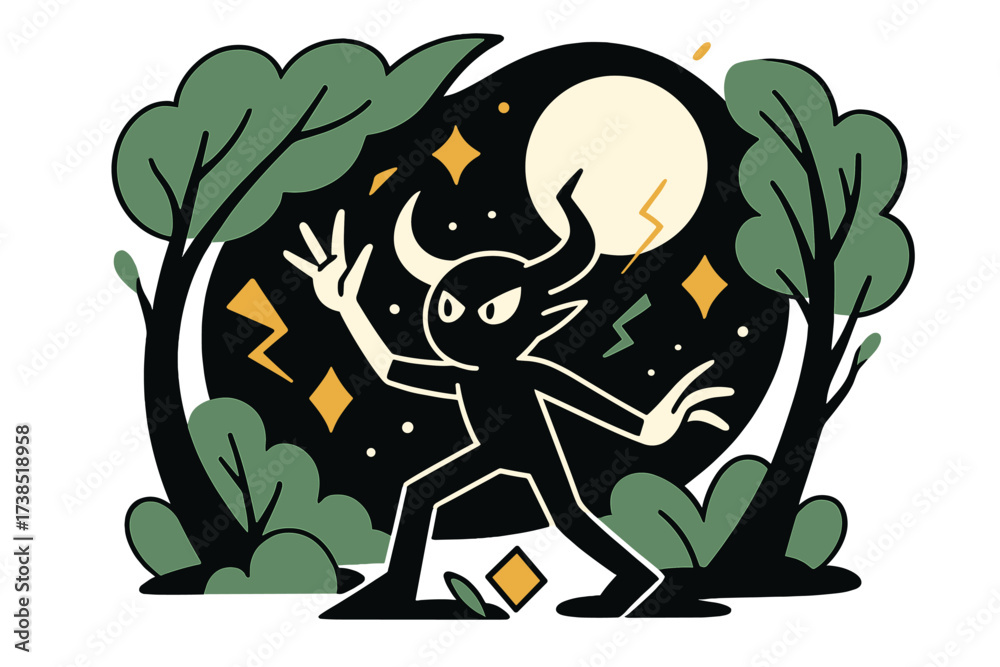 Naklejka premium Moonlit Forest Magic. Moonlit forest. A horned creature standing under a glowing full moon, trees bending around it, abstract floating shapes showing magical