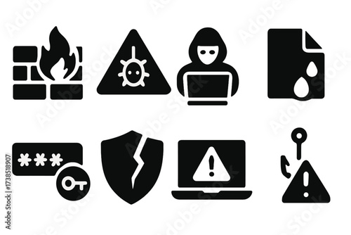 Cybersecurity Risk Icons. Solid, filled icon set of cybersecurity risk: firewall breach, virus alert, hacking icon, data leak, password theft, shield broken,