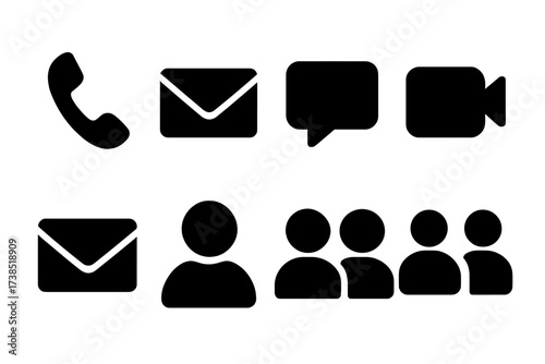 Communication Icons Grid. Solid, filled icon set of introduction communication methods: phone call, email, chat message, video call, letter, social media,