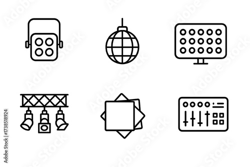 Stage Lighting Icons. Outline icon set of stage lighting: floodlight, spotlight, disco ball, LED panel, light rig, dimmer switch, colored gels, lighting