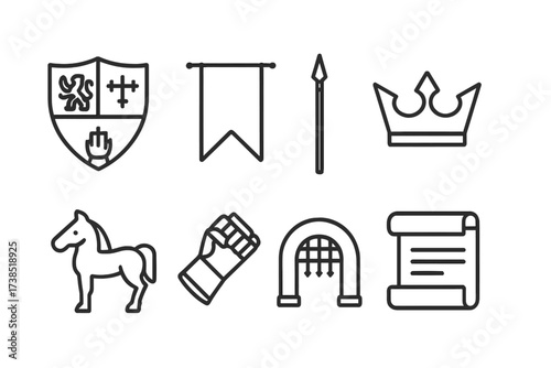 Feudal Symbol Icons. Outline icon set of feudal symbols: coat of arms, banner, lance, crown, gauntlet, horse, gate, scroll. Line icons in only black color,