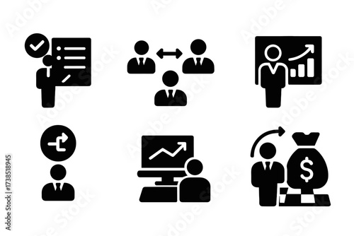 Manager Activity Icons. Solid, filled icon set of manager activities: planning, delegation, meeting, reporting, decision making, monitoring, strategizing,