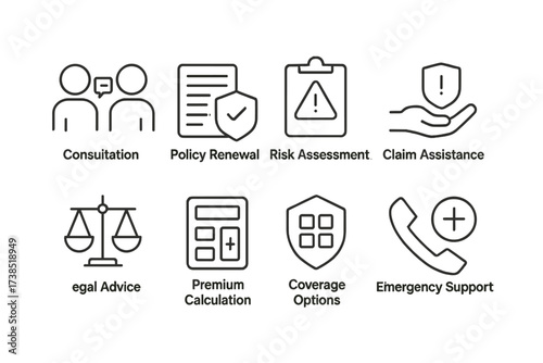 Insurance Icon Set. Outline icon set of insurance agency services: consultation, policy renewal, risk assessment, claim assistance, legal advice, premium