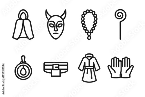 Ritual and Faith Icons. Outline icon set of ritual garments: cloak, mask, beads, staff, amulet, belt, robes, gloves. [Line icons in only black color,