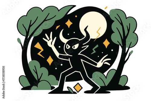 Moonlit Forest Magic. Moonlit forest. A horned creature standing under a glowing full moon, trees bending around it, abstract floating shapes showing magical