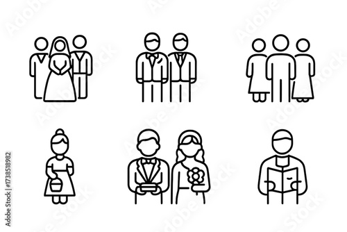Outline Wedding Icons. Outline icon set of vows family and friends: bride with parents, groom with parents, wedding guests, flower girl, ring bearer, best man,