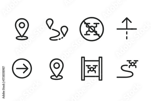 Drone Navigation Icon Set. Outline icon set of drone navigation aids: waypoint marker, route line, no-fly zone, altitude limit, speed limit, map pin, flight