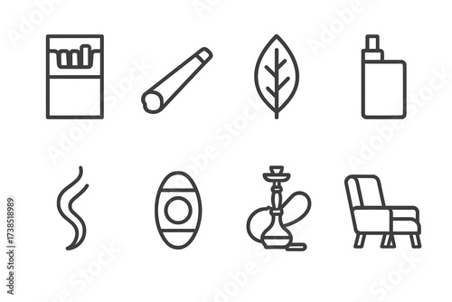 Smoking Paraphernalia Icons. Outline icon set of smoking paraphernalia: cigarette pack, rolled cigarette, tobacco leaf, vape device, smoke swirl, cigar cutter,