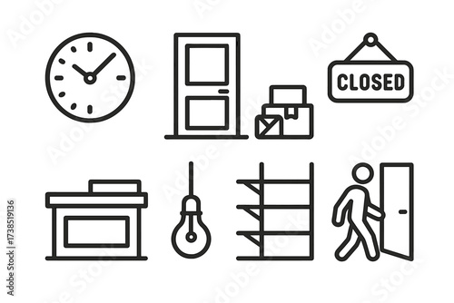 Shop Closing Icons. Outline icon set of shop closing time: clock with hands at closing, closed door, empty counter, signboard down, lights off, packed goods,