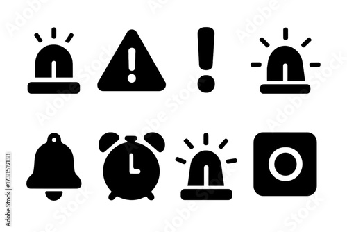 Surveillance Alert Icons. Solid, filled icon set of surveillance alerts: siren, warning sign, exclamation mark, red light, notification bell, alarm clock,