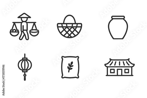 Vietnam Daily Life Icons. Outline icon set of Vietnamese daily life: street vendor, market basket, bamboo basket, water jar, lantern, rice sack, bicycle cart,