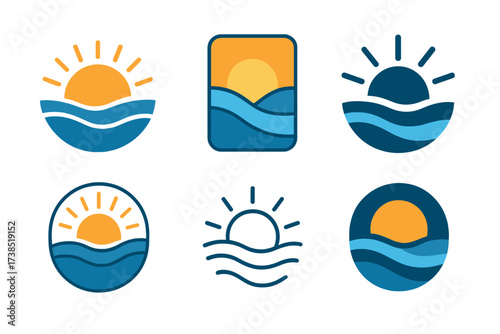 Coastal Sunrise Logos. Coastal town. Set Logo of coastal town: sunrise over ocean. harmonious logo variations of the same emblematic concept, each with