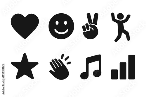 Music and Emotions Icons. Solid, filled icon set of music symbols and emotions: heart, smiley face, peace sign, dancing figure, star, applause hands, musical