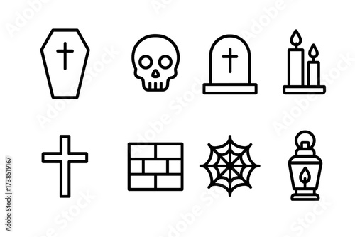 Crypt Icons Collection. Outline icon set of crypt elements: coffin, skull, tombstone, candles, cross, stone wall, spider web, lantern. Line icons in only black