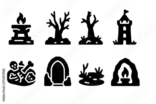 Dark Magic Icons. Solid, filled icon set of dark magical environments: ruined altar, cursed forest, bone-filled pit, haunted tower, shadow gate, black swamp,