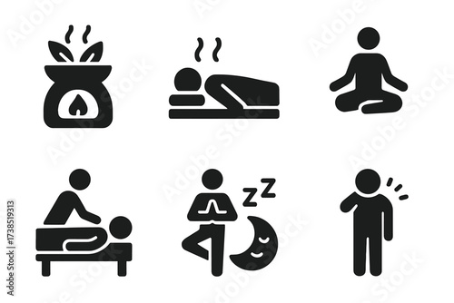 Fragrance Wellness Icons. Solid, filled icon set of fragrance related wellness: aromatherapy, relaxation, meditation, spa, massage, yoga, sleep aid, stress