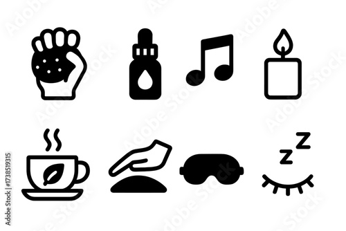 Stress Relief Icons. Solid, filled icon set of stress relief tools: stress ball, essential oil, music note, candle flame, herbal tea, massage hand, eye mask,