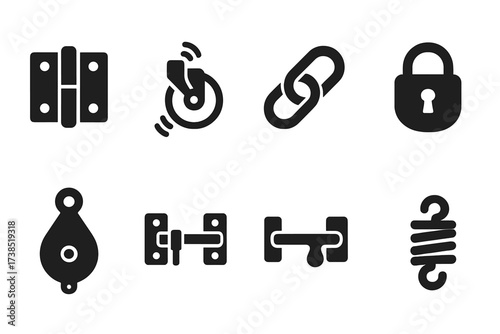 Creaking Mechanisms Icons. Solid, filled icon set of creaking mechanisms: rusty hinge, squeaky wheel, chain link, old lock, pulley, door bolt, latch, spring.
