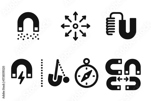 Magnet Experiment Icons. Solid, filled icon set of magnet experiments: iron filings, magnetic field visualization, coil and magnet, induced voltage, magnetic