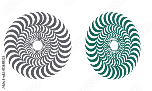 Mesmerizing set of two circular optical illusion patterns, one in charcoal grey and the other in teal, creating a captivating visual swirl.