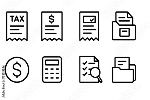 Financial Receipt Icons. Outline icon set of financial receipts: tax receipt, reimbursement form, expense report, receipt archive, dollar sign, calculator,