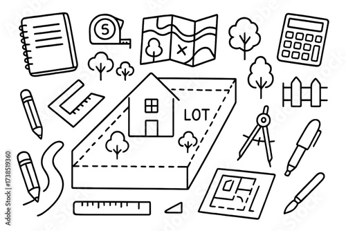 Real Estate Doodle Blueprint. Hand-drawn doodle illustration real estate area planning land plot, house, map, fence, trees, roads, blueprint, compass, marker,