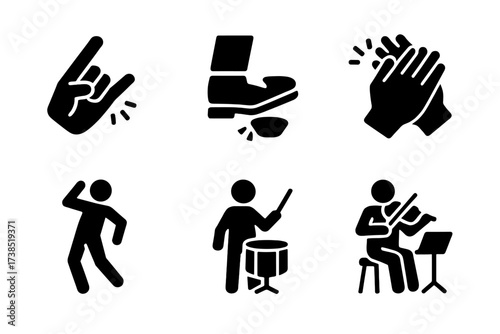 Rhythm Icon Set. Solid, filled icon set of rhythm activities: tapping fingers, foot stomping, hand drumming, clapping hands, dance moves, baton conducting,