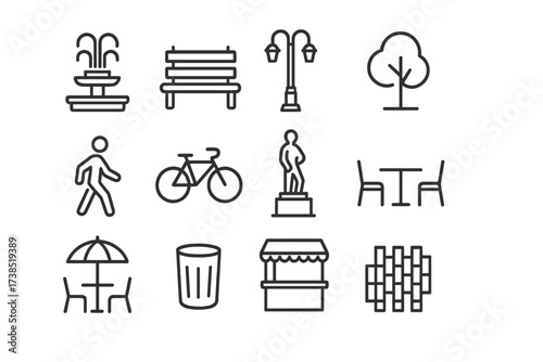 Metropolitan Plaza Icons. Metropolitan plaza. Line icon set of metropolitan plaza: fountain, bench, street lamp, tree, pedestrian, bicycle, sculpture, cafe
