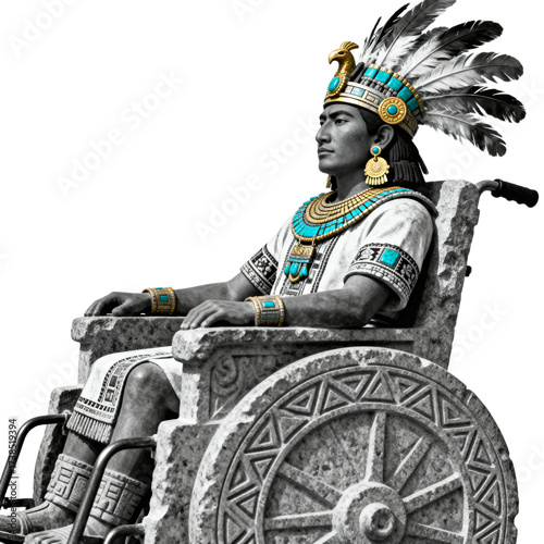 Stone sculpture of an Aztec ruler in a wheelchair, transparent background png