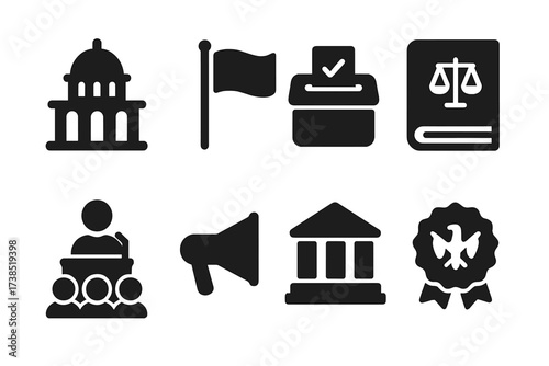 Government Icons Grid. Solid, filled icon set of government policies: parliament, flag, ballot box, law book, public hearing, megaphone, courthouse, official