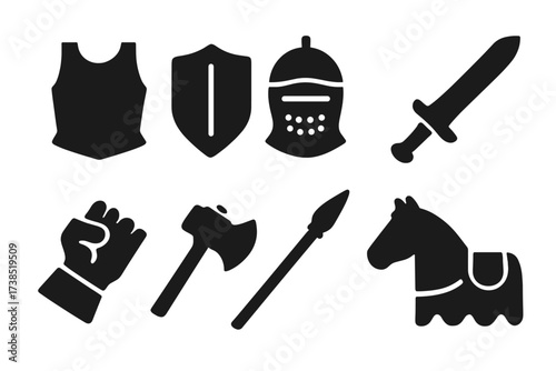Medieval Combat Gear Icons. Solid, filled icon set of medieval combat gear: armor chestplate, shield, helmet with visor, sword, gauntlet, battle axe, spear,
