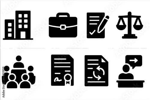 Corporate Icon Set. Solid, filled icon set of corporate restructuring: building, briefcase, contract, balance sheet, team meeting, legal document,