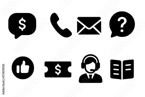 Finance App Support Icons. Solid, filled icon set of finance app customer service: chat, phone, email, FAQ, feedback, ticket, support agent, knowledge base.