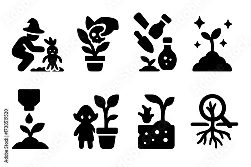 Magical Botany Icons. Solid, filled icon set of magical botany classes: mandrake harvesting, dark plant care, potion planting, spell-enhanced soil, magical