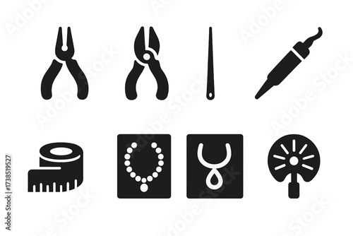 Jewelry Crafting Tools Icons. Solid, filled icon set of necklace crafting tools: pliers, wire cutters, bead stringing needle, soldering iron, measuring tape,
