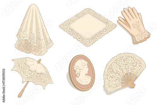 Heirloom Lace Icons. Isometric vector illustration set Heirloom lace: antique veil, lace handkerchief, vintage gloves, cameo