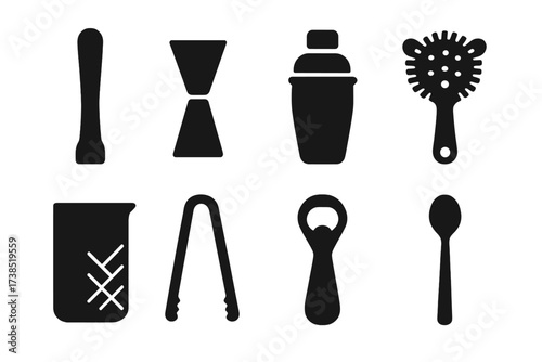 Bar Tools Icons. Solid, filled icon set of lowball bar tools: muddler, jigger, cocktail shaker, strainer, mixing glass, ice tongs, bottle opener, bar spoon.