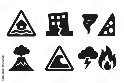 Environmental Warning Icons. Solid, filled icon set of environmental warnings: flood warning, earthquake alert, tornado warning, landslide symbol, volcano