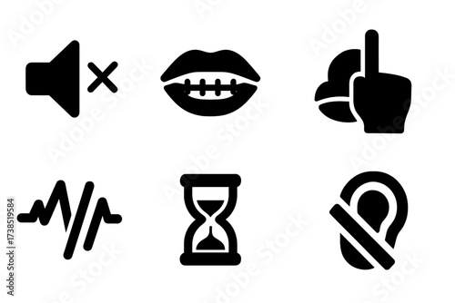 Silence Symbol Icons. Solid, filled icon set of symbolic silence: mute icon, lips sealed, quiet bell, hush hand, broken sound wave, still hourglass, speech
