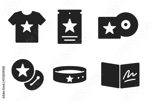 Live Band Merchandise Icons. Solid, filled icon set of live band merchandise: t-shirt, poster, album cover, sticker, badge, wristband, guitar pick, autograph