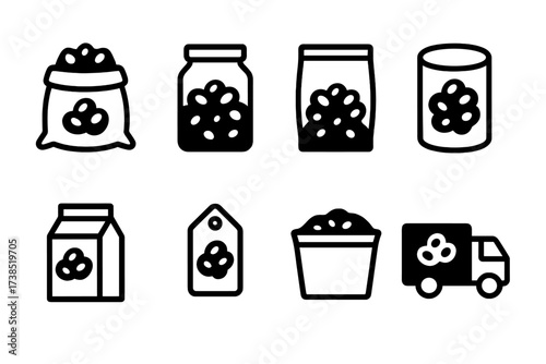 Mung Bean Packaging Icons. Solid, filled icon set of mung bean packaging: paper sack, glass jar, sealed bag, tin can, retail box, label tag, bulk container,