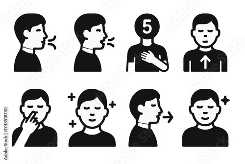 Breathing Exercises Icons. Solid, filled icon set of relief breathing exercises: inhaling, exhaling, breath counting, diaphragmatic breathing, alternate