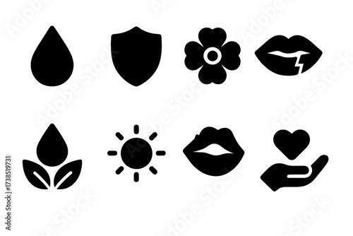 Lip Balm Icon Set. Solid, filled icon set of lip balm benefits: hydration, protection, healing, soothing, anti-chapping, UV protection, nourishment, softening.