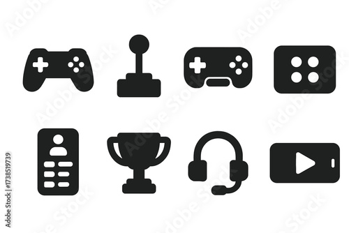 Mobile Gaming Icons. Solid, filled icon set of mobile gaming: game controller, joystick, gamepad, virtual buttons, leaderboard, trophy, headset, live stream.