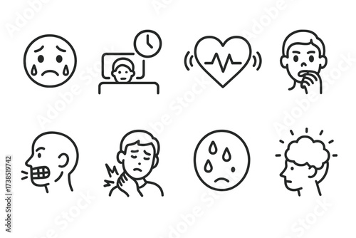 Stress Symptom Icons. Outline icon set of stress symptoms: anxious face, insomnia, rapid heartbeat, nail biting, teeth grinding, muscle pain, sweat drops,