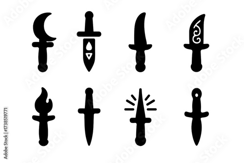 Mystical Daggers Icons. Solid, filled icon set of mystical dagger types: moon blade, blood sigil knife, ghost steel dagger, dream-etched knife, flame tip