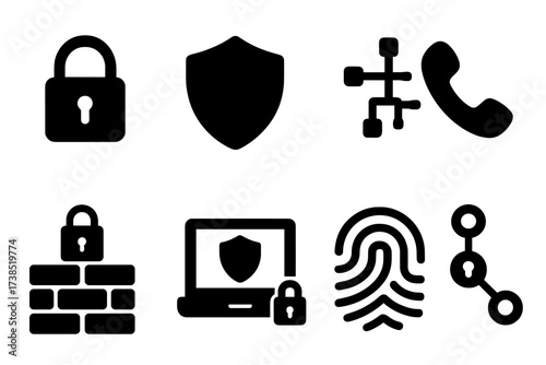 Call Security Symbols. Solid, filled icon set of call security: lock, shield, encryption, private call, firewall, VPN, fingerprint, secure network. [Line icons