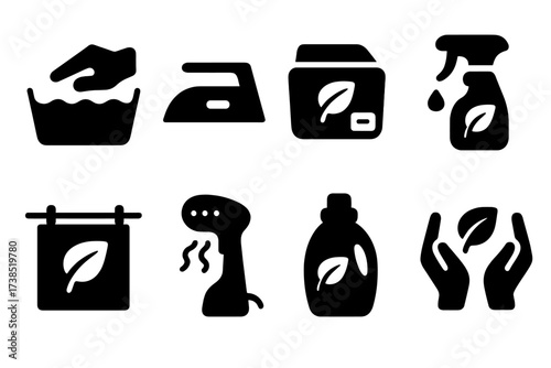 Silk Care Icons. Solid, filled icon set of silk care: hand washing, gentle ironing, silk storage, stain removal, silk drying, steaming silk, fabric softener,
