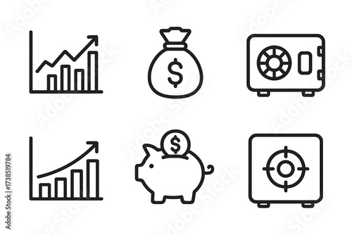 Finance Icon Set. Outline icon set of high stakes finance: stock market, money bag, bank vault, credit card, investment chart, piggy bank, dollar sign, safe